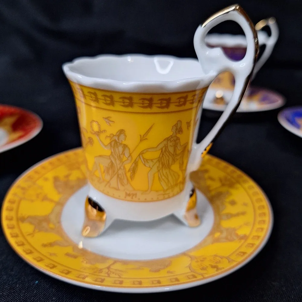 1940s Duca Di Bavaria Espresso Cup Saucer Set 4 Colors Greek Mythology Gold Trim